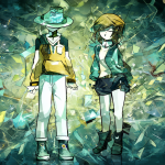 Dos figuras humanas abstractas representando diferentes tipos de cruces en el anime, con un fondo geométrico brillante.