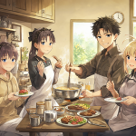 Ilustración del anime Fate Emiya-san Chi Gohan mostrando a Shirou cocinando con Saber y Rin en una atmósfera relajada.