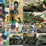 Varias chicas con uniformes escolares y gorros de tanquista rodeadas de modelos de tanques históricos.