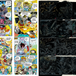 Split composition showing vibrant classic comic book covers alongside dark, gritty modern pages.