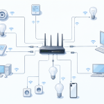 A technical diagram of a home network showing a router at the center with various smart bulbs and PCs connected via Wi-Fi and Ethernet cables.