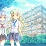 Ilustración de estilo anime mostrando el edificio escolar Hidamari Apartments y a las chicas principales.