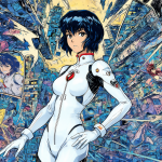 Una vista de una ciudad cyberpunk con Motoko Kusanagi en su traje blanco, rodeada de elementos de diseño del manga de los 80.