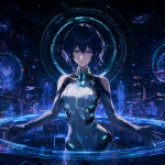 Motoko Kusanagi en un entorno futurista con luces de neón y hologramas, representando el debate sobre su identidad.