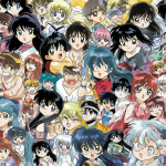 Retrato de Rumiko Takahashi con personajes icónicos