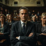Escena de un juicio donde el acusado está rodeado de abogados, mostrando cómo los recursos económicos influyen en la percepción del respeto hacia él.