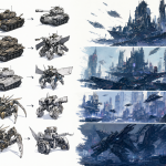 Ilustración detallada mostrando la evolución de los diseños sci-fi y la estética compartida de Masamune Shirow, incluyendo tanques multipatas, Fuchikomas y paisajes cyberpunk.