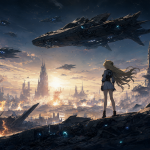 Vista panorámica del mundo de Escaflowne con naves voladoras y una figura central