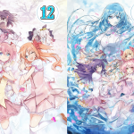 Imagen dividida mostrando a las chicas mágicas del anime original de 2011 junto con las adaptaciones del juego gacha que se muestran en la derecha, destacando los números de episodios.