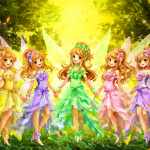 Las cinco protagonistas del anime Forest Fairy Five en un bosque mágico.