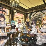 Personajes de maid en un entorno de café retro