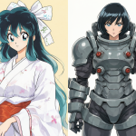 Ilustración dividida mostrando a dos personajes femeninos de anime: Benten a la izquierda y Maris a la derecha.