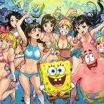 Ilustración vibrante de personajes en una fiesta de lanzamiento.