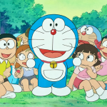 Personajes del anime clásico de Doraemon en una escena vibrante y colorida