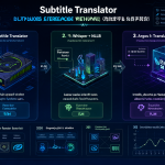 Diagrama educativo mostrando diferentes métodos de traducción de subtítulos, incluyendo modelos LLMs, hardware recomendado y técnicas de agrupación de líneas.