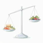 Infografía minimalista mostrando un déficit calórico diario y una balanza entre alimentación y ejercicio