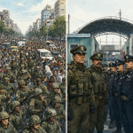 Ilustración dividida que contrasta la presencia histórica de militares en las calles con su uso moderno enfocado en fronteras e infraestructura crítica.