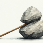 Ilustración de un apalancamiento financiero representado por una palanca levantando una roca gigante, simbolizando el poder económico y la fragilidad del sistema.