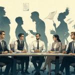 Ilustración de un grupo en una reunión mostrando las diferentes narrativas compitiendo por el crédito dentro de una organización.