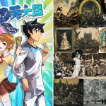 Split image showing the modern, vibrant art of Durarara on one side and the historical, complex art of Baccano on the other.