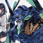Ilustración de Mari Makinami y el gigante EVA-04