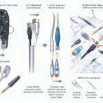 Infografía técnica comparando herramientas de crimpado y soldadura para cables Ethernet, HDMI y USB.
