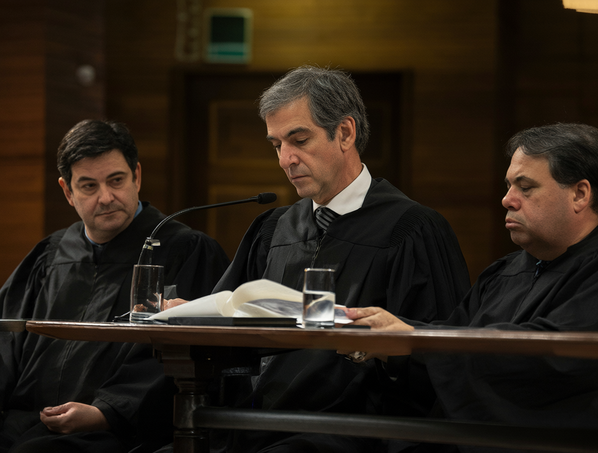 Un juez revisando documentos en un tribunal mientras se consideran las medidas cautelares del caso.