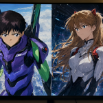 Imagen dividida que contrasta el estilo clásico de Neon Genesis Evangelion con la versión moderna de Rebuild of Evangelion.