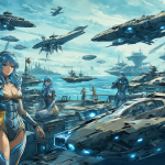 Varios barcos futuristas con avatares femeninos en una base naval de ciencia ficción, ilustrando el concepto de Aoki Hagane no Arpeggio.