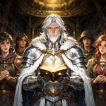 Un mago blanco poderoso rodeado de aventureros en un entorno mágico brillante