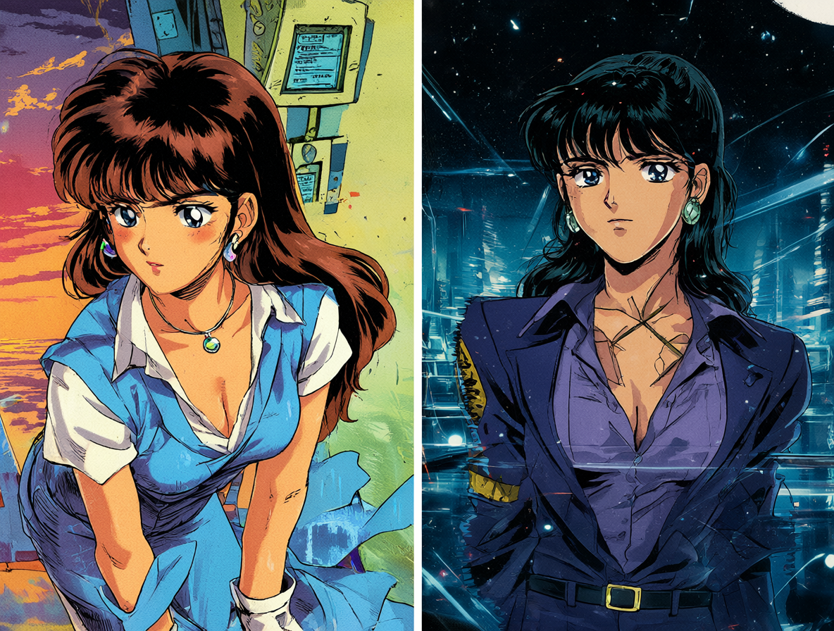 Imagen dividida mostrando a la protagonista de Project A-ko y a la agente de Agent Aika lado a lado.