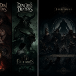 Ilustración comparativa de alta calidad mostrando a la izquierda las dos películas de Dead Dead Demons en formato cinematográfico y a la derecha los 18 episodios de la serie, con un fondo oscuro y atmosférico.