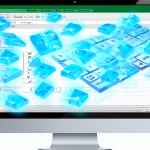 Ilustración de una hoja de cálculo de Excel con iconos brillantes de teclas flotando sobre ella