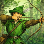 Ilustración detallada de Robin Hood con túnica verde y gorro emplumado, tensando un arco largo en el bosque de Sherwood.