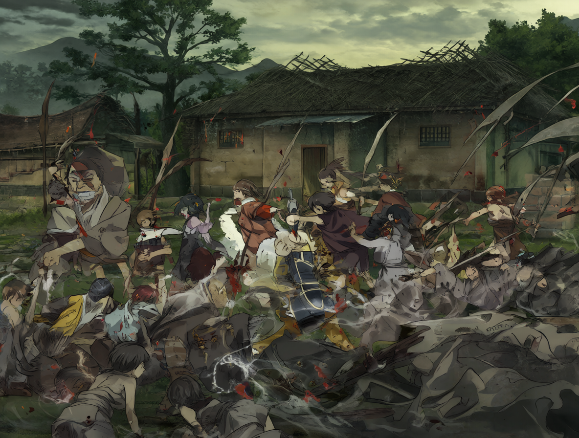 Escena de batalla caótica en Yomi no Tsugai mostrando el asalto brutal a un asentamiento civil.