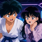 Ranma y una chica misteriosa en un estudio de animación iluminado por luces de neón.