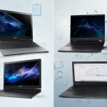 Split composition displaying high-performance notebooks from ASUS Zenbook and ROG alongside premium models from Dell XPS and Latitude, set against a background of business and gaming icons to represent market dynamics.