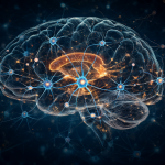 Ilustración científica del cerebro humano mostrando redes neuronales y actividad auditiva