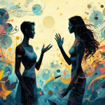 Dos personas discutiendo frente a un fondo abstracto que representa conceptos sociales.