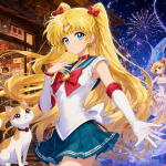 Ilustración anime de Minako Aino en su traje clásico de Sailor V con Artemis, fondo dividido entre el restaurante Wagnaria y un entorno de chicas mágicas.