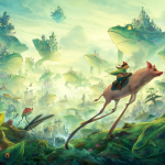 Ilustración de Tortov Roddle montando su cerdo a través de un paisaje mágico con ranas gigantes y cielos nocturnos.