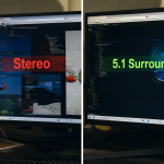Gráfico comparativo mostrando una ventana de navegador Chrome etiquetada como estéreo y otra de Edge o Kodi con audio surround 5.1, sobre un escritorio difuso.