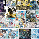Collage visual mostrando las portadas de Koe de Oshigoto!, Gunnm, Yokohama Kaidashi Kikou, Nana to Kaoru, Please Save My Earth y Ghost in the Shell con etiquetas de estado de producción.