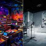 Ilustración que contrasta los estudios de grabación de Prince y Peter Gabriel, mostrando sus diferentes filosofías creativas en un entorno visual dividido.