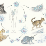 Esquema biológico detallado del ciclo de vida del Toxoplasma gondii