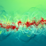 Ilustración abstracta de ondas sonoras verdes y azules calmando patrones de ruido rojo turbulento, simbolizando la terapia de audio efectiva para el tinnitus.