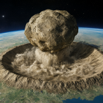 Vista del asteroide golpeando la tierra y formando el cráter de Chicxulub