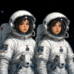 Dos chicas astronautas jóvenes de perfil similar, una al lado de la otra en un fondo espacial oscuro con estrellas brillantes.