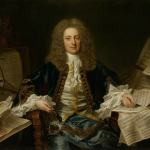 Retrato histórico de George Frideric Handel rodeado de manuscritos musicales bilingües en un estudio barroco.
