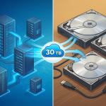 Gráfico comparativo mostrando servidores digitales frente a dos discos duros físicos con una etiqueta de 30 TB.